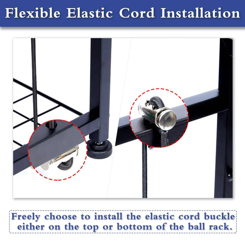 Close-up of elastic cord buckle installation on All In One Sports Gear Organizer Cart With Elastic Straps And Removable Basket For Garage Organization.