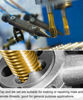 Close-up of Metric M18x2.5 HSS Titanium Plated Tap And Die Set Pro Grade For Metalworking showing tap and threaded metal.