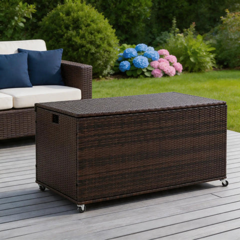 Boss Grade 170 Gallon Outdoor Deck Box Crafted From Durable Wicker Rattan With Smooth Roll Wheels For Tight Patio Furniture Coverage And All Season Backyard Organization That Keeps Your Gear Dry on patio