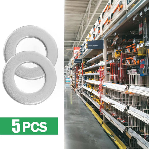Two of the One And A Half Inch Stainless Steel Flat Washers With Three Inch Outside Diameter Made From 304 Stainless Steel Built To Last For Screws And Bolts Pack Of Five in a hardware store.