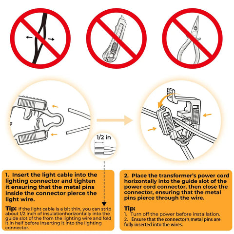 Low Voltage Landscape Lighting Wire Connector Kit For 10/12/14/16/18 Gauge with installation instructions and safety tips.