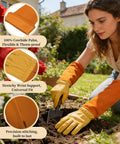 Thorn Proof Gardening Gloves For Men And Women With Thick Cowhide Leather Long Forearm Gauntlets in use during yard work