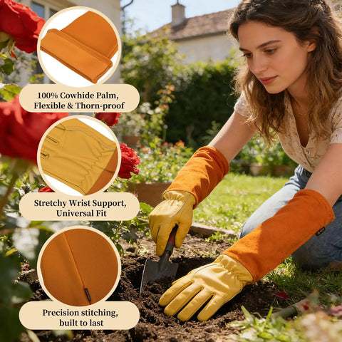 Thorn Proof Gardening Gloves For Men And Women With Thick Cowhide Leather Long Forearm Gauntlets in use during yard work