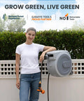 Heavy Duty Retractable Garden Hose Reel 130 Ft Half Inch Hybrid Hose, wall mounted with auto rewind and 9 pattern nozzle.