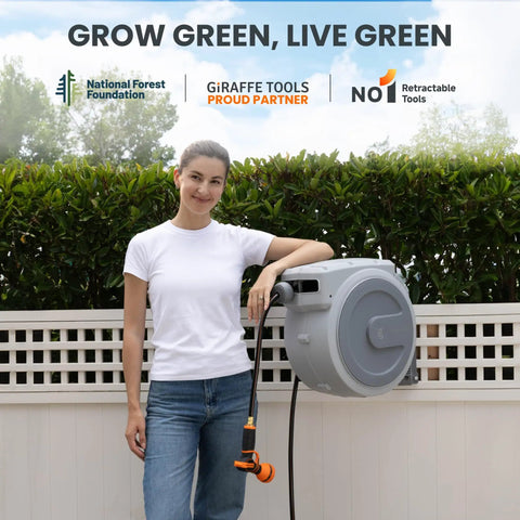 Heavy Duty Retractable Garden Hose Reel 130 Ft Half Inch Hybrid Hose, wall mounted with auto rewind and 9 pattern nozzle.