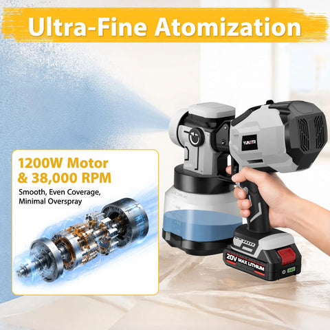 Cordless Paint Sprayer With Dual 2000 MAH Batteries And Heavy Duty 1200W Motor showing motor details for smooth finishing.
