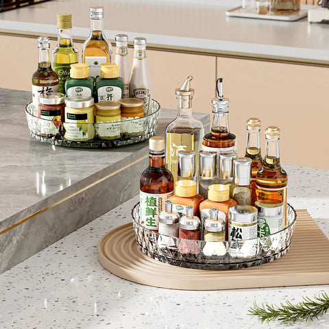 360 Degree Rotating Organizer Turntable for Kitchen Cabinets holding assorted bottles and jars on countertop