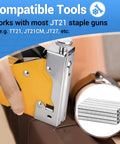 Heavy Duty 22 Gauge JT21 Staples 1/4 Inch Length With 7/16 Inch Crown 1600 Count Pack shown in staple gun for upholstery projects.