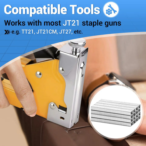 Heavy Duty 22 Gauge JT21 Staples 1/4 Inch Length With 7/16 Inch Crown 1600 Count Pack shown in staple gun for upholstery projects.