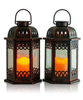 Two Pack Bronze Solar Lanterns With Ornate Retro Hanging Design, Outdoor LED Flickering Candle Lights, Classic Glass Panels