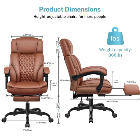 Dimensions of Built For Big And Tall Folks Leather Office Chair With Footrest And Adjustable Headrest, Ergonomic Lumbar Support.