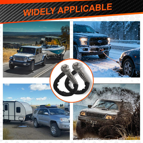 Collage showing Two Pack 1/2 Inch By 22 Inch Synthetic Soft Shackles For Offroad Recovery And Towing in various applications.