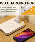 LED Desk Lamp With Wireless Charging And USB Port, Dimmable Eye Care Light base with charging phone on wooden desk