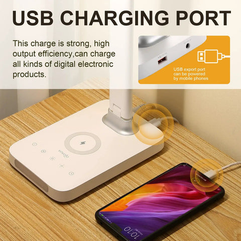 LED Desk Lamp With Wireless Charging And USB Port, Dimmable Eye Care Light base with charging phone on wooden desk