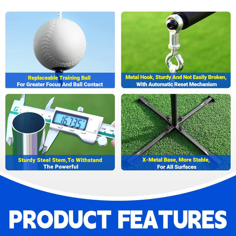 Auto Reset Baseball And Softball Hitting Tee With Tethered Ball Adjustable 20 To 45 Inches Metal X Base With Ground Stakes