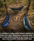 2 Person Camping Hammock With Mosquito Net And Built In Underquilt, Rain Fly Tarp setup in forest over campfire