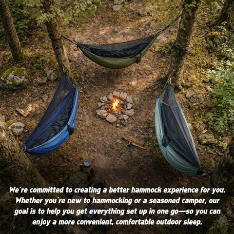 2 Person Camping Hammock With Mosquito Net And Built In Underquilt, Rain Fly Tarp setup in forest over campfire