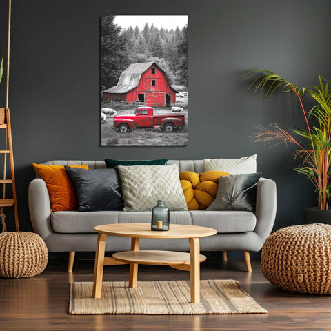Cozy Rustic Farmhouse Wall Art 24x36 Inch Red Barn Scene With Vintage Red Truck And Sheep, Classic Canvas Print displayed in living room