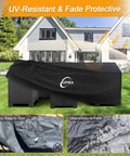 Heavy Duty Waterproof Patio Furniture Covers For Table And Chairs Set All Weather Protection UV Resistant No Tears Or Fading 110 Inch Long By 84 Inch Wide By 28 Inch High Durable 420D Fabric covering outdoor furniture