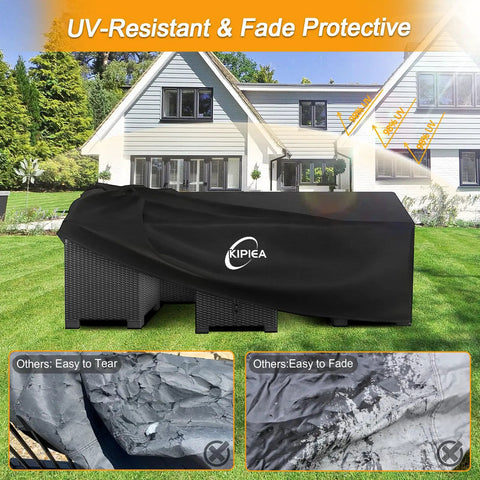 Heavy Duty Waterproof Patio Furniture Covers For Table And Chairs Set All Weather Protection UV Resistant No Tears Or Fading 110 Inch Long By 84 Inch Wide By 28 Inch High Durable 420D Fabric covering outdoor furniture