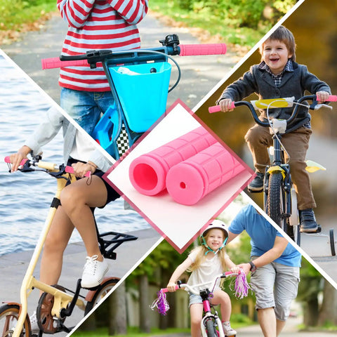 Collage featuring Non Slip Mushroom Style Bike Handlebar Grips for Kids and Grownups, used on scooters, bicycles, 22mm TPR rubber.