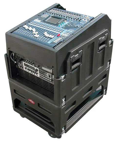 Mighty Gig Rig With 14U Top Rack And 6U Front Rack Built In Pedestal And Optional Rear Rack Rails For Deep Mixers, shown in use
