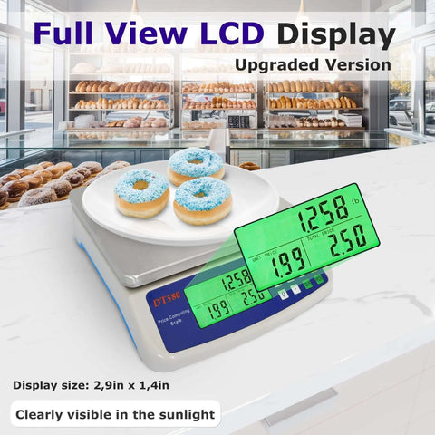 Pro Grade Digital Kitchen Scale 40kg 88lb Stainless Steel With LCD Display For Price Computing And Item Counting Deli Scale For Baking Bread Cooking Meat Prep Coins And Parts Adapter Included, white donuts on scale.