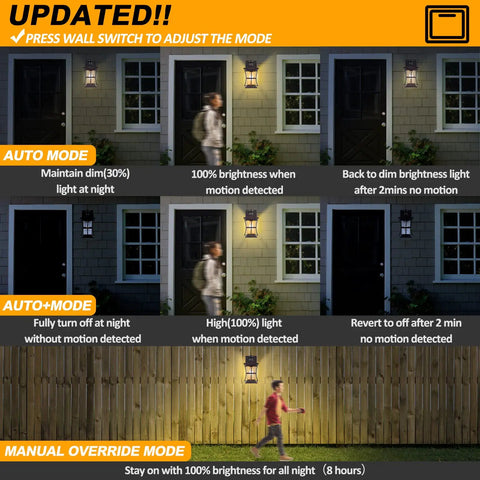 Auto mode of Two Pack Motion Sensor Outdoor Lights Dusk To Dawn Oil Rubbed Bronze Porch Lights with dim and bright settings.