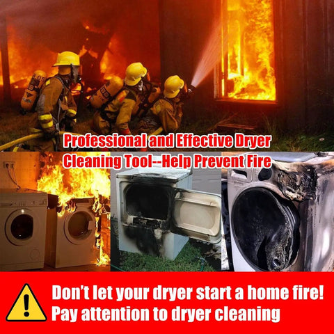 Firefighters extinguishing fire; burnt dryers shown; highlights need for Dryer Vent Cleaning Kit With Vacuum Hose Attachment And Lint Brush, Universal Fit For Most Vacuums And Dryers, Reaches Behind Appliances To Deep Clean Dryer Ducts, Lint Traps, And Refrigerator Coils, Black for prevention.