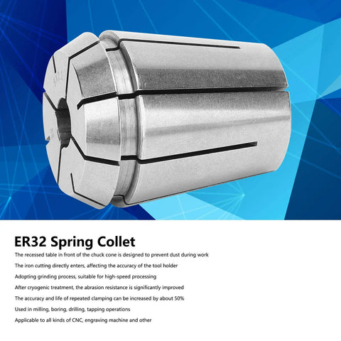 Super Durable ER32 Spring Collet Chuck for Precision CNC Milling And Drilling With Dust Blocking Design And 10 mm Clamping Range For Heavy Duty Industrial Engraving Machine Accessory close-up view on a blue background.