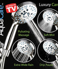 Front view: AquaCare chrome handheld shower head with 8 spray modes, anti-clog nozzles, 6ft stainless hose, wall bracket
