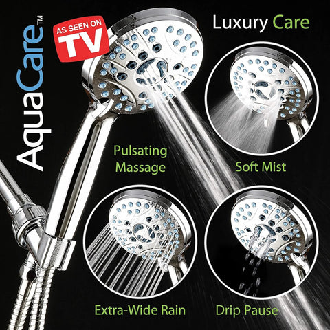 Front view: AquaCare chrome handheld shower head with 8 spray modes, anti-clog nozzles, 6ft stainless hose, wall bracket