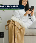 Woman using High Speed USB Wall Outlet With Tamper Resistant Receptacles, Dual USB Ports Up To 2.4A Each, Nickel Finish in living room