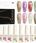 Glitter Gel Polish Set With 8 Shimmery Prisms In Red Green Purple Shine UV LED Soak Off Mani Kit For At Home Salon Vibe HEMA Free Easy Brush Perfect Gift For Women And Girls with bottles and prism swatches