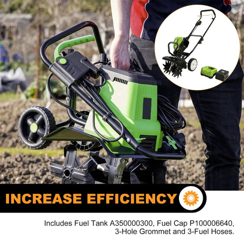 Person holding garden tiller with Fuel Tank Kit For Echo And Mantis 2-Cycle Engines with 3 Hole Grommet and 3 Fuel Hoses Replacement A350000300.