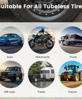 Flat Tire Repair Kit With Plugs 16 Pcs Heavy Duty Tire Plug Kit For Car Motorcycle ATV Jeep Truck Tractor T Handle Stainless Steel Tools With Ergonomic Rubber Grips suitable for all tubeless tires shown with vehicles including car, motorcycle, truck, off-road, trailer, and tractor.