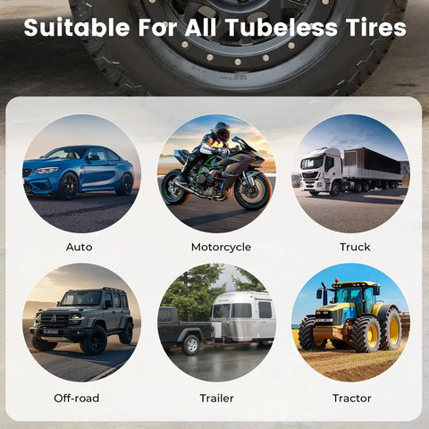 Flat Tire Repair Kit With Plugs 16 Pcs Heavy Duty Tire Plug Kit For Car Motorcycle ATV Jeep Truck Tractor T Handle Stainless Steel Tools With Ergonomic Rubber Grips suitable for all tubeless tires shown with vehicles including car, motorcycle, truck, off-road, trailer, and tractor.