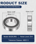 Diagram showing Deep Groove Ball Bearing 28x52x12mm, Chrome Steel, Double Rubber Sealed, ABEC 5 Precision, ZV4.