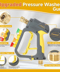 Dual Connector Foam Cannon Gun For Pressure Washer Quick Connect One Quarter Inch Dual Mode Foam And Water Spray Car Wash Soap Cannon Kit With 5 Nozzle Tips For Fast Easy Car Wash Results with close-up of connectors and trigger.