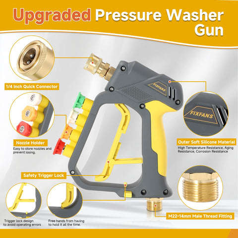 Dual Connector Foam Cannon Gun For Pressure Washer Quick Connect One Quarter Inch Dual Mode Foam And Water Spray Car Wash Soap Cannon Kit With 5 Nozzle Tips For Fast Easy Car Wash Results with close-up of connectors and trigger.