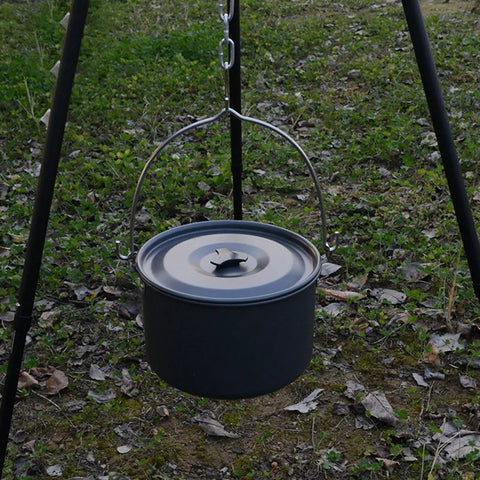 Campfire Tripod Grill Stand With Adjustable Height Ultra Portable Aluminum Cooking Gear for camping with pot on grass