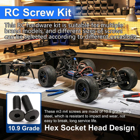 RC Screw Kit With Screws Nuts Washers Clips O Rings And Pins Universal Hardware Set For 1/8 1/10 1/12 1/16 Scale RC Crawler Truck And Buggy Tighten Chassis Suspension And Transmission For Reliable Builds on a workshop table with tools.