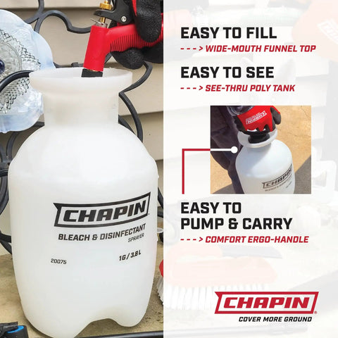 One Gallon Bleach Sprayer For Lawn And Garden Yard Work With Bleach Resistant Poly Tank and funnel top on table