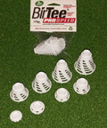 Pro Speed Indoor Golf Tees Eight Pack With Enhanced Durability, Flexible Plastic, White Tees on Green Turf