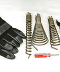 Heavy Duty Sectional Pipe Drain Cleaner With A Powerful 1.5 Hp Motor And 110V Setup tools including gloves, spiral cables, and attachments.