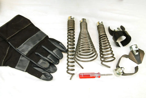 Heavy Duty Sectional Pipe Drain Cleaner With A Powerful 1.5 Hp Motor And 110V Setup tools including gloves, spiral cables, and attachments.