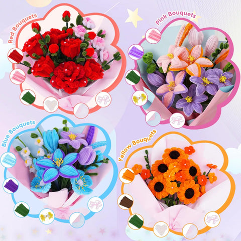 900 Piece Pipe Cleaners Craft Kit With 14 Colors floral bouquets including red, pink, blue, and yellow crafted flowers.