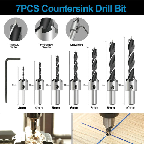 7 pcs countersink drill bits with hex wrench from All In One Pro Grade Woodworking Drill Bit Set With Countersink Bits Step Drill Bits Plug Cutters 5 Flute Countersink Positioning Punch And Hex Wrench 28 Pcs GMTOOLS Chamfer Drilling Tools Kit For Wood Plywood Particleboard And More For DIYers