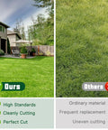 Comparison of neatly cut lawn with high standards to unevenly cut lawn from ordinary material, highlighting quality differences.
