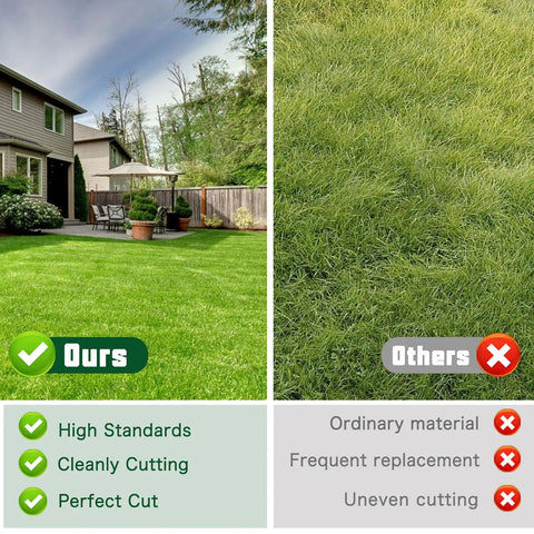 Comparison of neatly cut lawn with high standards to unevenly cut lawn from ordinary material, highlighting quality differences.
